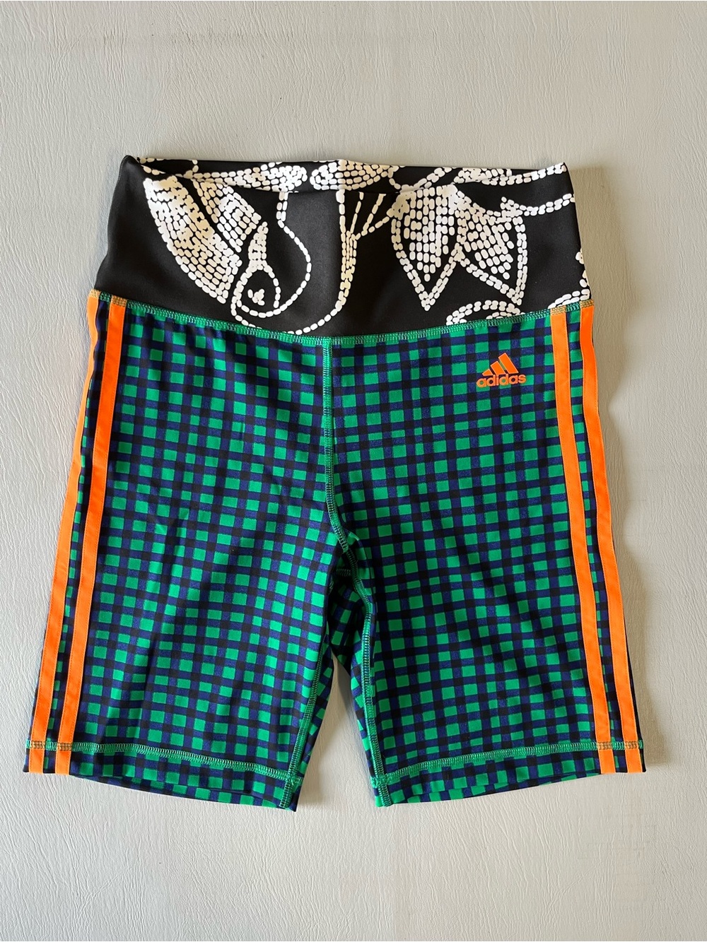 adidas Green & Blue Check Bike Shorts with Orange Stripes